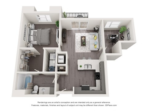 a 1 bedroom floorplan is shown with an open